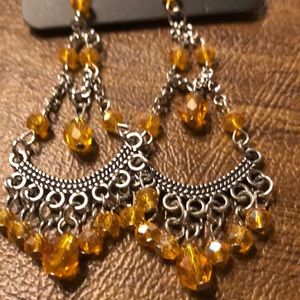 Chandelier orange/tan beaded earrings on silver fish hook posts